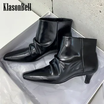 10.9 KlasonBell черен естествена кожа плисирани къси обувки жени коте петата квадратни пръсти приплъзване ботуши