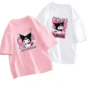 100% памук Sanrio Kuromi момичета лятна тениска 2PCS карикатура печат къс ръкав детски дрехи универсален случаен моден връх