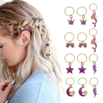 12Pcs лилави делфини и русалки пръстени за коса висулка коса бижута за плитки & расти аксесоари за коса за жени & момичета