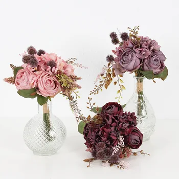 1Pc Изкуствени копринени цветя Хортензия Роза Маргаритка Есенен хибриден букет за домашна сватбена цветна украса