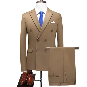 2022 Мода Нов мъжки бизнес Двуреден плътен цвят костюм палто / мъжки тънък сватба 2 броя блейзъри яке панталони панталони
