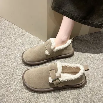 2023 Есен и зима Нова дамска мода Удобни топли неплъзгащи се плоски памучни обувки Плитка уста ключалка мода плоски обувки