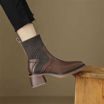 2023 Нова есен естествена кожа жени ботуши квадратни пръсти буци токчета ботуши за жени зимни ботуши zapatos de mujer високи токчета