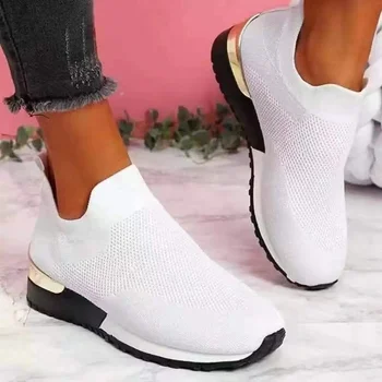 2023 Нови плоски обувки летящи плетени чорапи обувки жена глезена обувки еластична материя женски обувки жени апартаменти маратонки голям размер 44