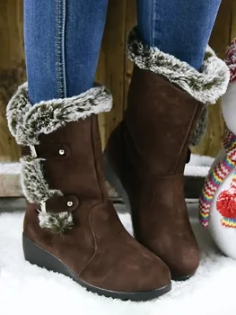 2024 Зимни топли фланелени клин сняг ботуши кафява мода кожа дамски ботуши удебелени топли кожени обувки студент жени кратко обувка