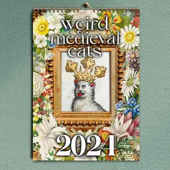 2024 НОВО Странен средновековен календар за котки Висящ календар със средновековни котешки картини Арт декорации Стая Календари за хол