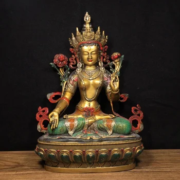 29.5cm тибетски стар месинг боядисани седем очи бяло Тара Avalokitesvara Буда орнамент