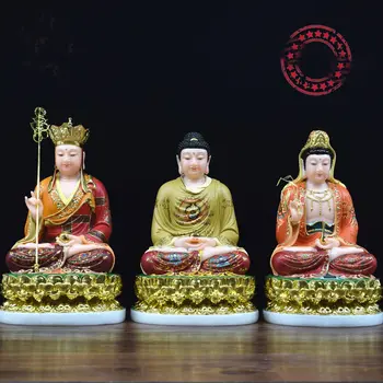 3PCS Висококачествена статуя на Буда Компания за домашен магазин Светилище благослови безопасно Боядисани Шакямуни Гуанин DI ZANG ksitigarbha нефрит позлатяване