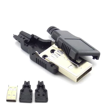500pcs / лот на едро 3 в 1 тип А мъжки 2.0 USB гнездо конектор 4 пинов щепсел с черен пластмасов капак спойка тип DIY конектор