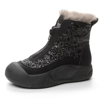 6CM Най-високо качество естествена кожа High-top плюшени ботуши Дамски къси обувки мода универсален сняг ботуши платформа жените зимата