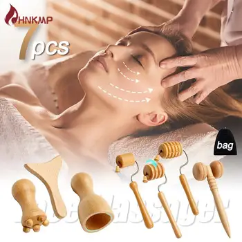 7Pcs/комплект Масажори за лице Гуа Ша Инструменти Терапия с дърво Меридиан масаж комплект ролков повдигащ скрепер за лице