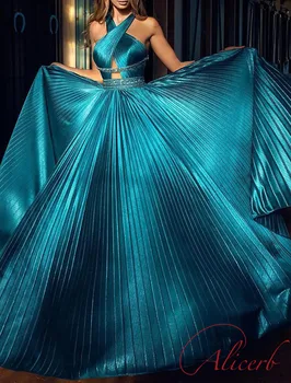 A-Line Абитуриентски рокли Секси блясък & блясък Официален вечерен рожден ден почистване влак оглавник врата без ръкави Charmeuse с плисета 2024