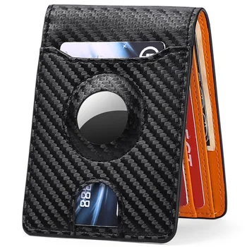 Airtag Wallet Мъжки държач за карти с държач за Airtag Въглеродни влакна черен оранжев цвят контраст тънък тънък мъжки портфейл Мъжки сгънат портфейл