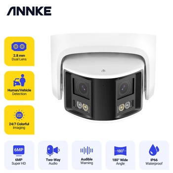 Annke 6MP Ultra Dual Lens Панорамна камера POE 180°Широкоъгълна 265+ Двупосочна аудио защита Камера за видеонаблюдение