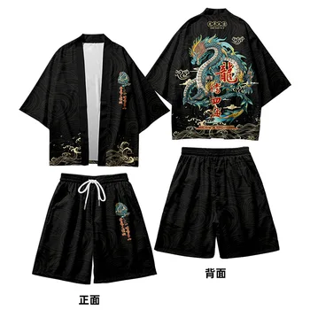 Casual реколта кимоно шорти комплекти риза жени мъже Haori Yukata две части костюм японски косплей дракон печат жилетка Harajuku