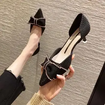 Cresfimix жени класически високо качество папийонка кристал 5 см шило токчета дама сладък сладък черен висок ток обувки Zapatos A9255