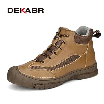 DEKABR Нова естествена кожа зимна топла кожа мъжки ботуши ръчно изработени мода дантела нагоре нехлъзгащи удобни туристически обувки размер 38-46