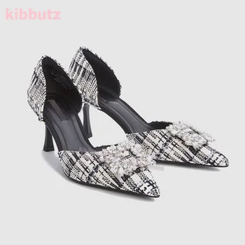 Espadrilles кристални помпи заострени пръсти коте петата лъскава плитка приплъзване моден дизайн елегантен секси жени сандал обувки най-новите