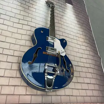 F-дупка куха 6-струнна електрическа китара интегрирана електрическа китара, прозрачно синьо тяло, висок гланц, розово дърво грифа, карта