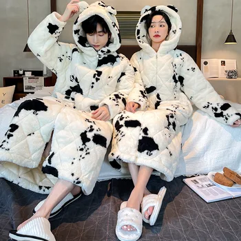 Flannel памук-подплатени дълга роба зимата удебелени топло качулка двойка спално облекло халат хлабав дома износване с джобове шезлонги
