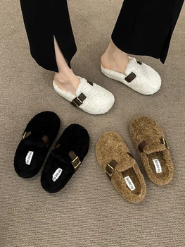House Slippers Платформа Дамски зимни обувки Cover Toe Pantofle Slides Fur Flip Flops Med 2023 Плосък плюшен каучук Рим PU
