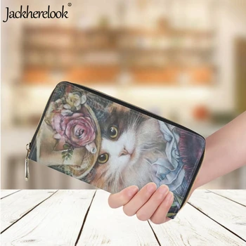 Jackherelook Дамски кожени дълги портфейли мода нова карикатура животински котка дами луксозна марка бизнес банка притежател на карта чантата