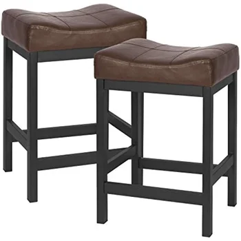 KATDANS Бар столове Комплект от 2 брояча височина столове 24 инчов седло столове PU кожа модерна кухня барстолове с метална основа
