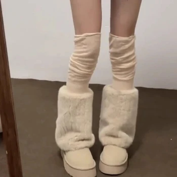Lolita ботуши зимни обувки за жени плюшени плоски пети кръгли пръсти Австралия 2023 бяла козина глезена висок ток сняг над коляното Ladie