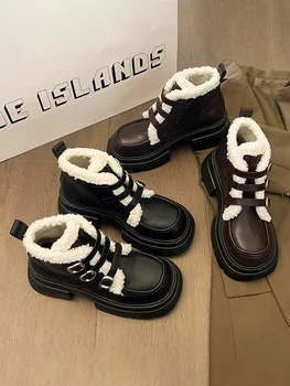 Med Heel Boots Round Toe Дамски обувки Австралия Ботуши-Жени Плюшени зимни обувки Дамски сняг 2023 Плосък кожен скален глезен