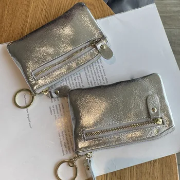 Mini монета чантата преносим ключ карта притежателя монета чанта торбичка с ключодържател нов сребърен естествена кожа цип сладък портфейл за жени