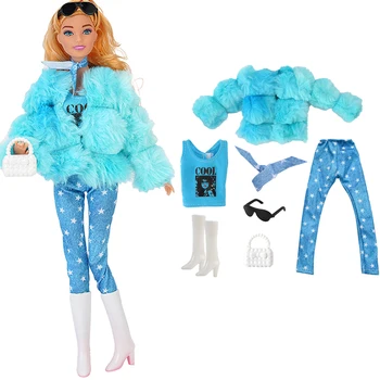 NK 1 Комплект ролеви игри OL Blue комплект за кукла: палто + отгоре + шал + слънчеви очила + червени карирани панталони + ботуши + чанта за кукла Барби играчки