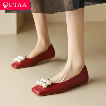 QUTAA 2023 Кратки дамски апартаменти Снаждане от естествена кожа Удобни ежедневни работни обувки Жена Пролет Лято Размер 34-40