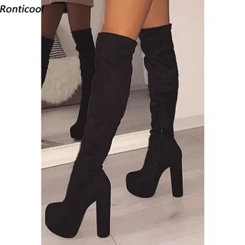 Ronticool Нова мода жени платформа зимата над коляното ботуши блок петата кръг Toe елегантни черни парти обувки САЩ плюс размер 5-20
