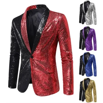 Shiny Gold Sequins Blazer за мъжки нов тънък монтаж снаждане мъжки костюм нощен клуб парти DJ сцена певица танцово шоу