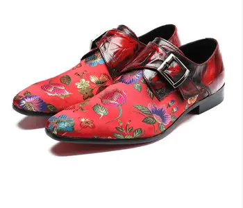 Slip On Мъжка рокля Обувки печат на цветя Квадратни пръсти Мъже Обувки Парти Сватба Мъже Oxfords черно червено Катарама Модни обувки за мъже