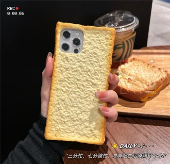 Soft 3D творчески тост хляб телефон случай притежателя притежателя стойка капак за iPhone 15 14 13 12 11 Pro макс бисквитка яйца