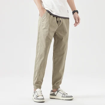 Summer памук и мъжки тънки глезена панталони удобни харем шнур корейски версия на плътен цвят светло зелено