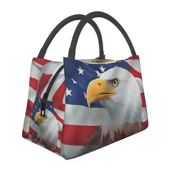 US плешив орел декоративен флаг изолирани чанти за обяд жени САЩ свобода Resuable охладител термичен Бенто кутия открит къмпинг пътуване