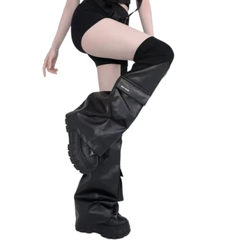 Women Girls Rock Punk Leather Long Leg Warmers Elastic Cuffs Knee High Boot Stockings Winter Warm Leg Socks Streetwear