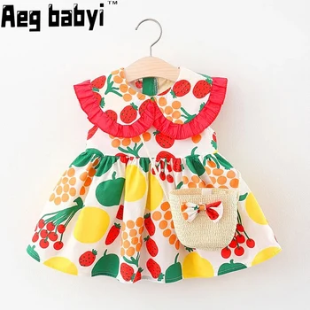 Бебешка рокля кукла яка прекрасен лято бебе момиче флорални рокля Sundress костюми цвете рокля + чанта дрехи комплект 2PCS / комплект