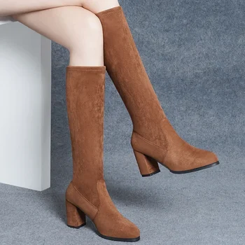 велур коляното високо жени Челси дълги ботуши зимата нови високи токчета дамски обувки 2024 тенденция буци пънк гладиаторски ботуши уютен Сапатос