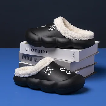 Големи ежедневни памучни чехли с плюшена изолация за двойки през зимата, дебели подметки за домашно облекло и външни памучни чехли