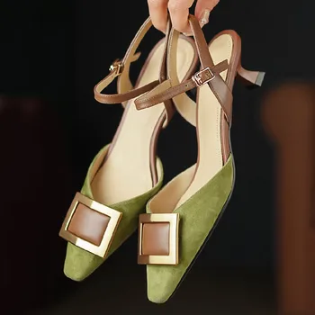 Дамски естествен велур от естествена кожа 4см тънък висок ток квадратни пръсти фиш-он помпи метална катарама елегантна дамска ежедневна рокля сандали обувки