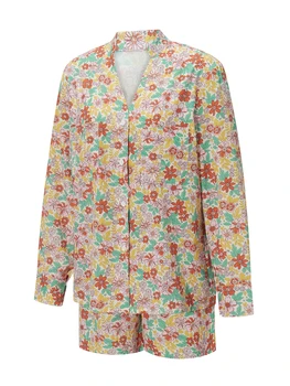 Дамски комплект пижами от 2 части Бутон за дълъг ръкав нагоре флорални върхове шнур шорти спално облекло комплекти