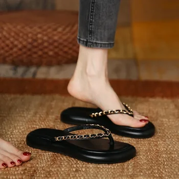 Дамски обувки в продажба 2023 Нова модна метална верига Дамски чехли Летни плоски ежедневни плажни джапанки за жени Chaussure Femme