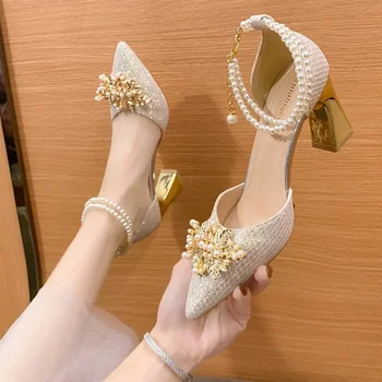 Дамски обувки в продажба 2023 Нова мода заострени метални формован твърди жени високи токчета лято отдих банкет жени сватба помпа