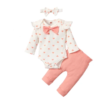 Дрехи за новородени сърце печат разрошени дълги ръкави гащеризон ластик панталони лента за глава 3бр трикотажни дрехи за момичета 0-24M