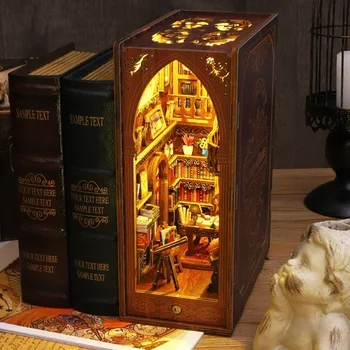 Дървен кът за книги Комплект за вмъкване на рафтове Миниатюрни книги Библиотека Света Църква Bookends Къщи за кукли Етажерка за книги DIY Ръчно изработени занаяти подарък
