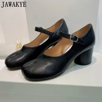 Естествена кожа висок ток Мери Джейнс глезена каишка жени сплит пръсти Оксфордс отдих обувки клип-на плитки жени пролетни обувки