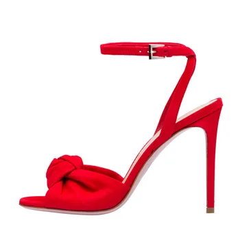 Жена лилаво червено лято секси велур стилетос токчета сандали вискоза глезена каишка без хлъзгане отворени пръсти възел женски парти обувки